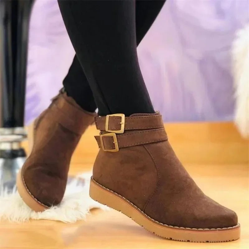 Noor | Women's Double Buckle Ankle Boots, Flat Sole Boots for Casual and Semi-Formal Wear