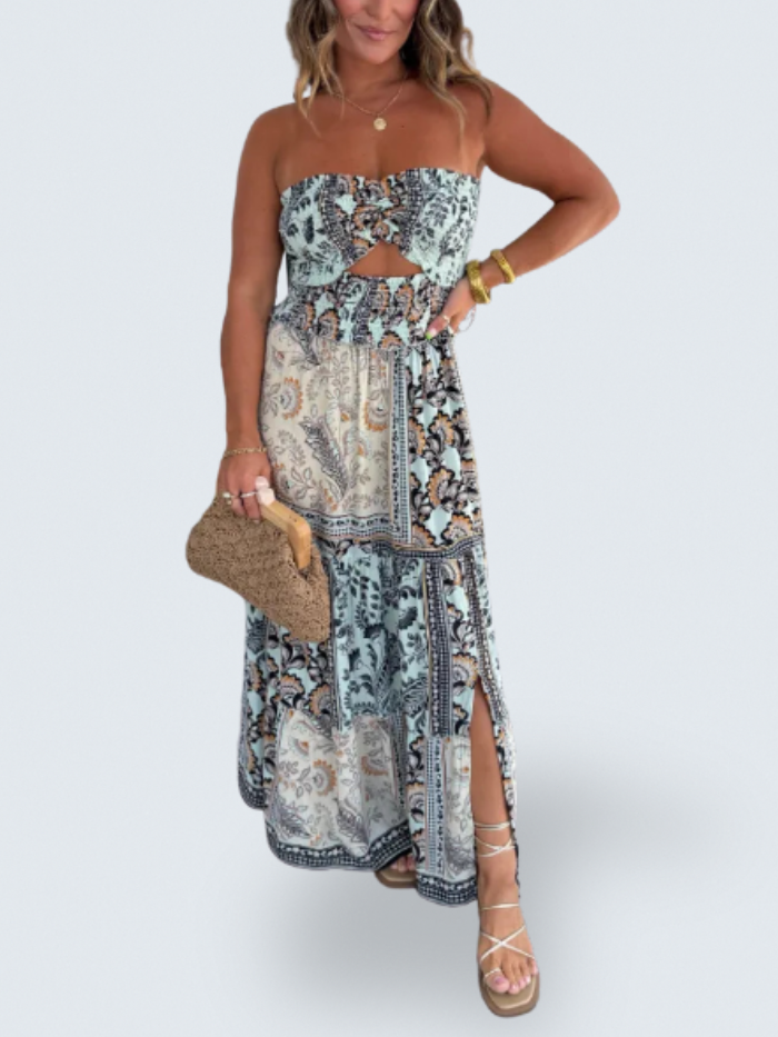 Moonlight | Women's Boho Print Rayon Maxi Dress, Smocked Tiered Summer Dress