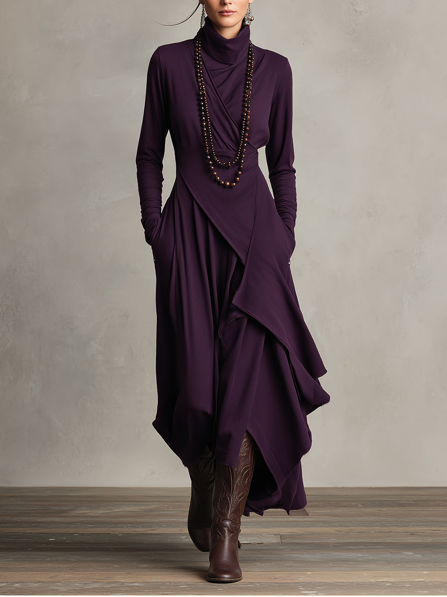 Natalie | Women's Draped Knit Dress, High Neck Winter Dress with Pockets