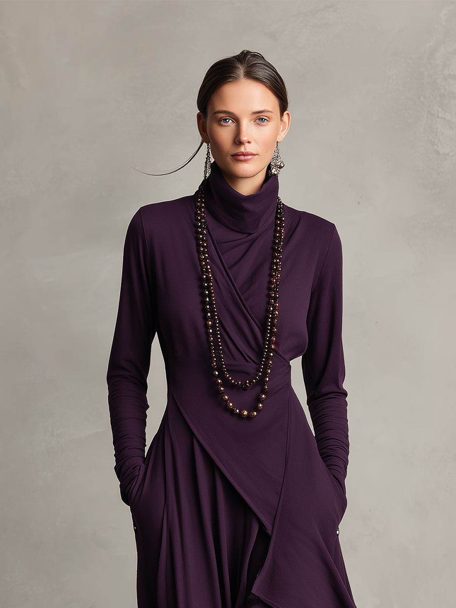 Natalie | Women's Draped Knit Dress, High Neck Winter Dress with Pockets