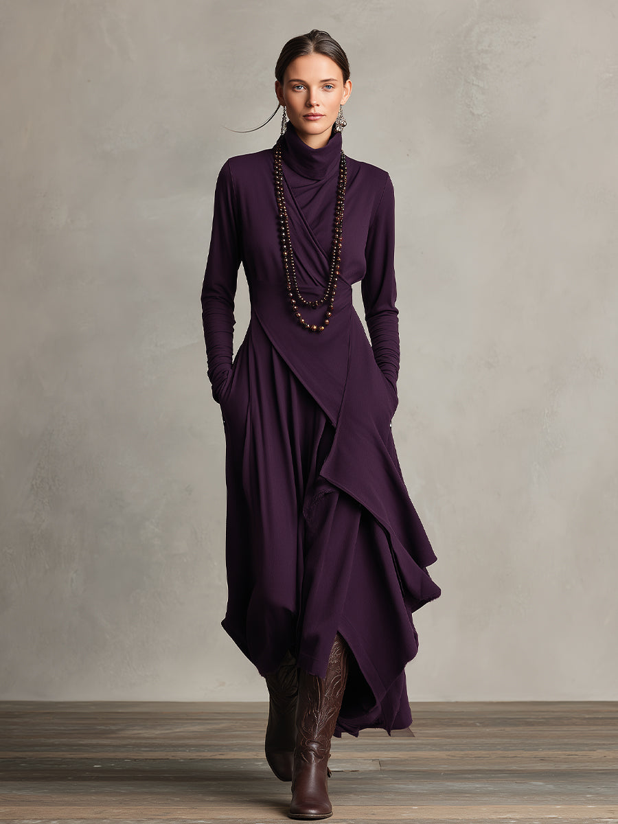Natalie | Women's Draped Knit Dress, High Neck Winter Dress with Pockets