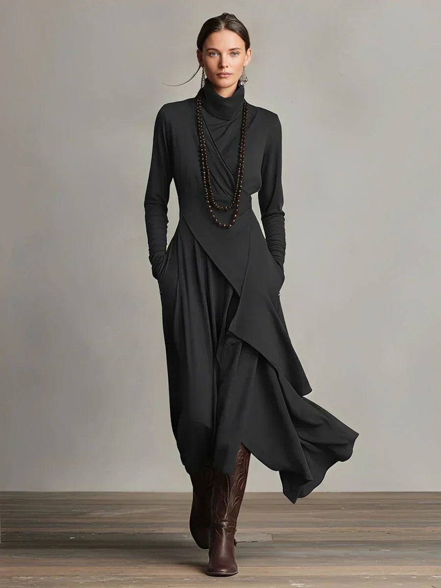 Natalie | Women's Draped Knit Dress, High Neck Winter Dress with Pockets
