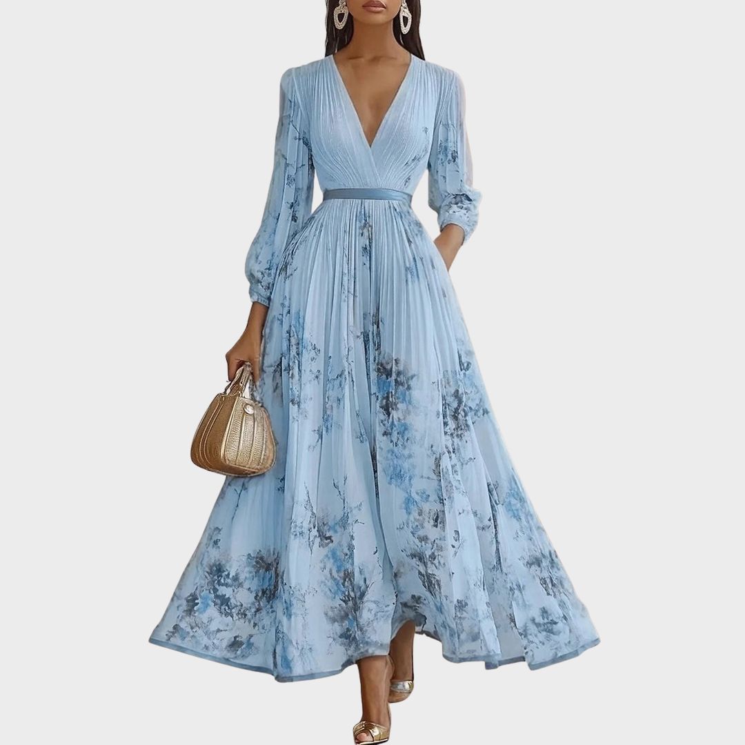 Rowella | Women's Pleated Floral Maxi Dress, Long Sleeve V-Neck Dress with Tie Waist