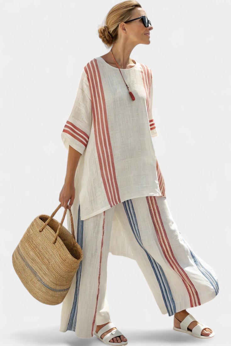 Alodia | Women's Striped Two-Piece Set, Relaxed Top and Wide-Leg Trousers Outfit