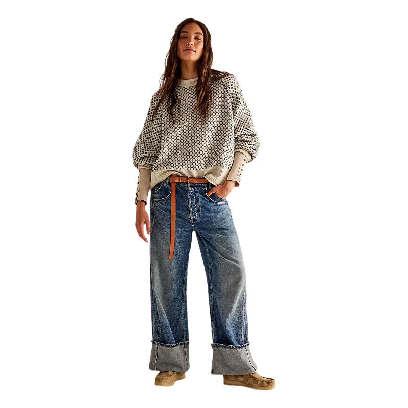 Women's Long Sleeve Round Neck Sweater, Soft Breathable Knit Everyday Sweater