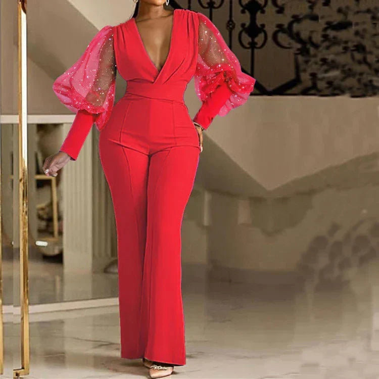 Mikaela | Women's Embellished Wrap-Front Jumpsuit, Wide-Leg Mesh Sleeve Evening Jumpsuit