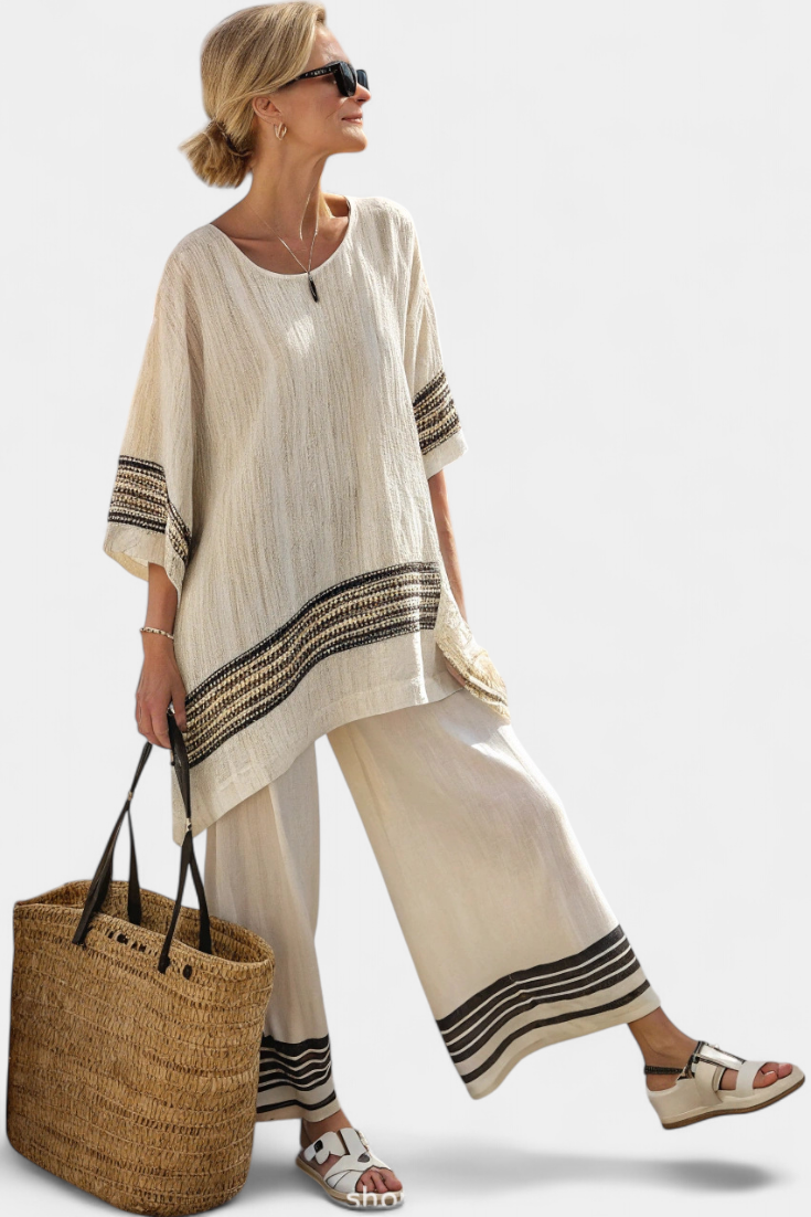 Alodia | Women's Striped Two-Piece Set, Relaxed Top and Wide-Leg Trousers Outfit