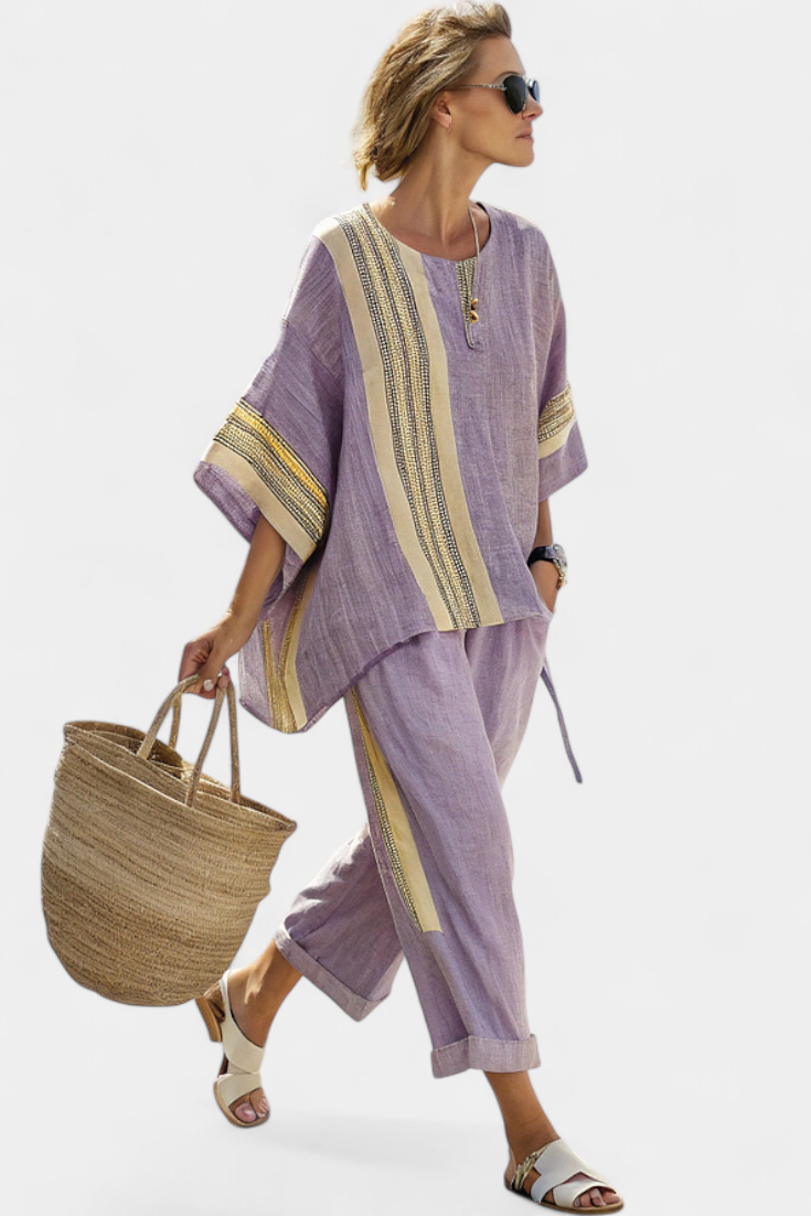 Alodia | Women's Striped Two-Piece Set, Relaxed Top and Wide-Leg Trousers Outfit