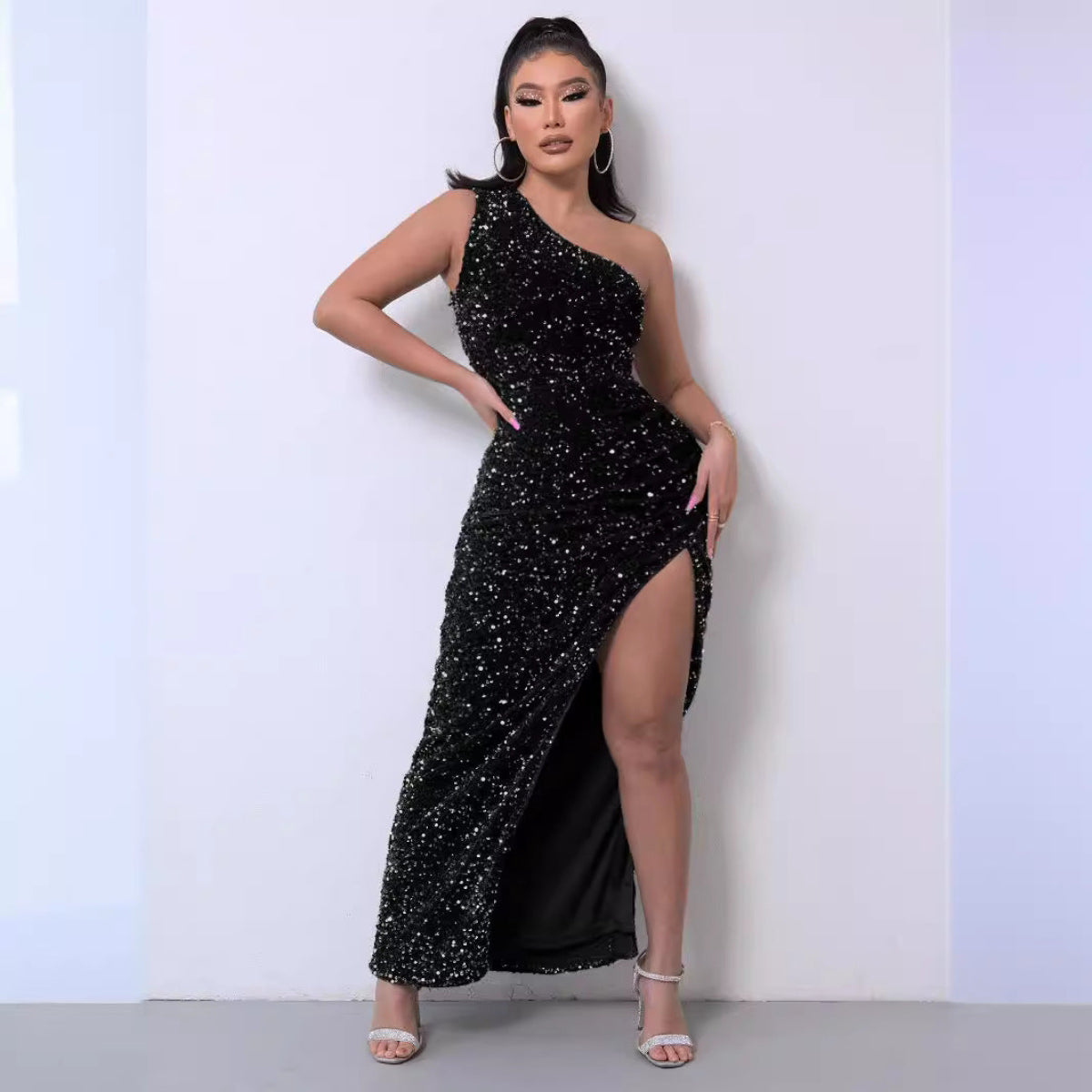 Lillian | Women's One-Shoulder Sequin Evening Dress, Floor-Length Formal Gown with Slit