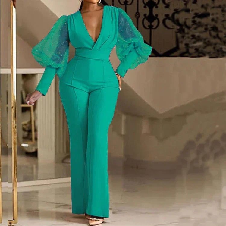 Mikaela | Women's Embellished Wrap-Front Jumpsuit, Wide-Leg Mesh Sleeve Evening Jumpsuit