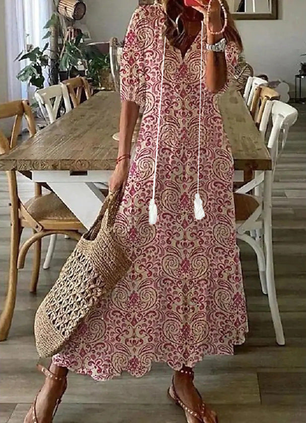 Amalia | Women's Bohemian V-Neck Maxi Dress, Lightweight Vintage Summer Dress