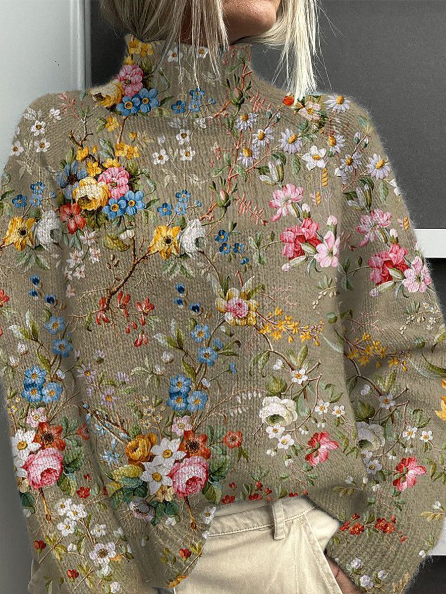 Jessie | Women's Floral Turtleneck Sweater, Soft Knit Fall Winter Pullover