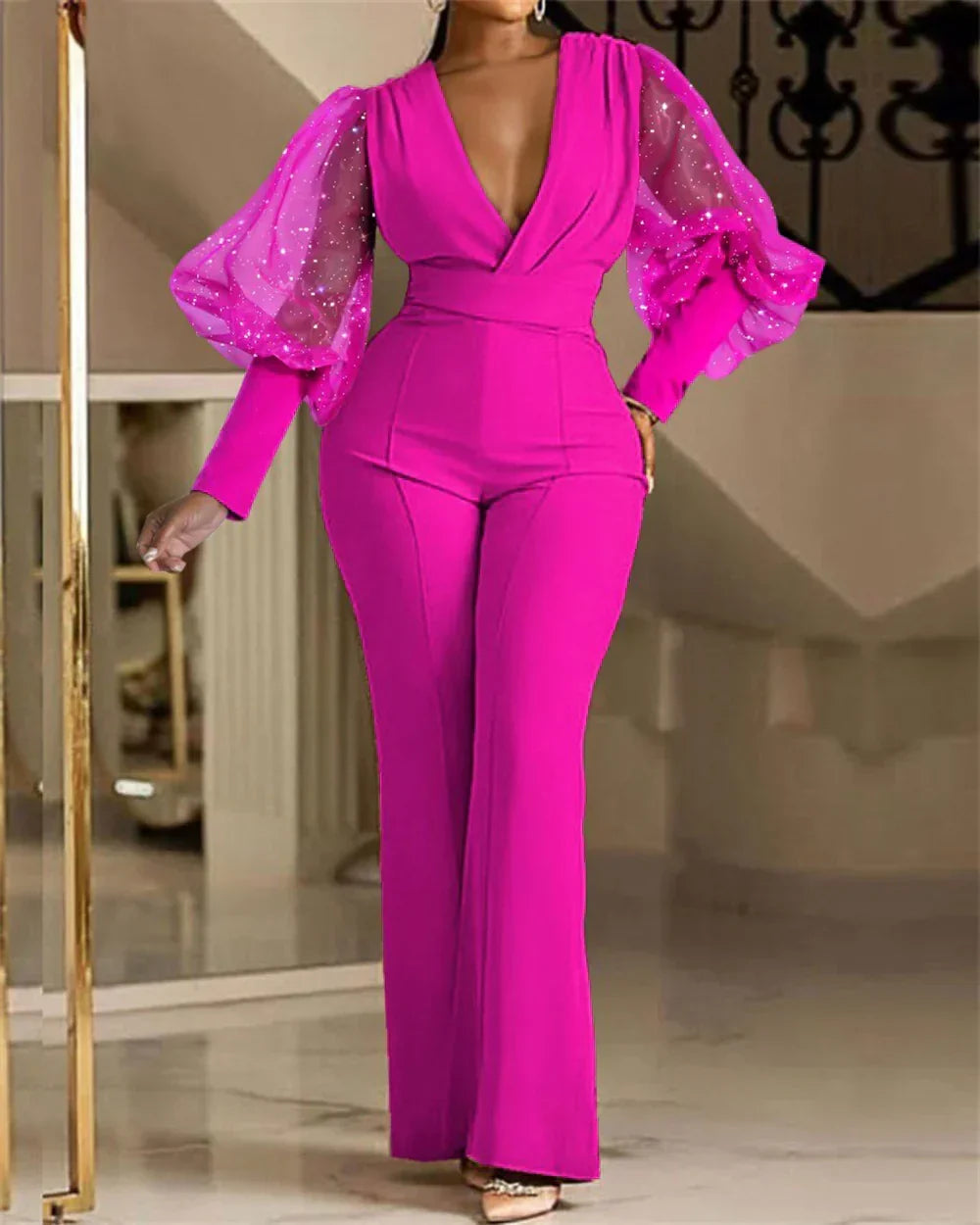 Mikaela | Women's Embellished Wrap-Front Jumpsuit, Wide-Leg Mesh Sleeve Evening Jumpsuit