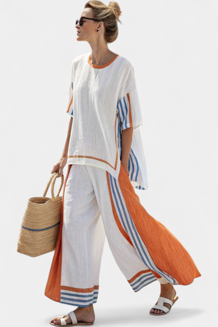 Alodia | Women's Striped Two-Piece Set, Relaxed Top and Wide-Leg Trousers Outfit