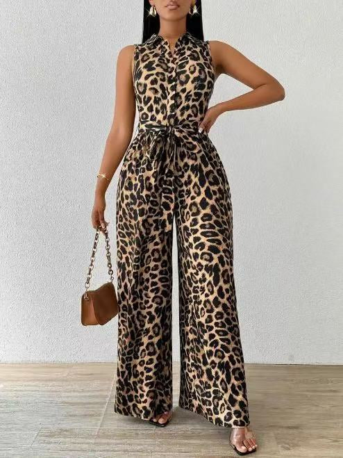 Frankie | Women's Leopard Print Jumpsuit, Sleeveless Deep V-Neck Party Jumpsuit