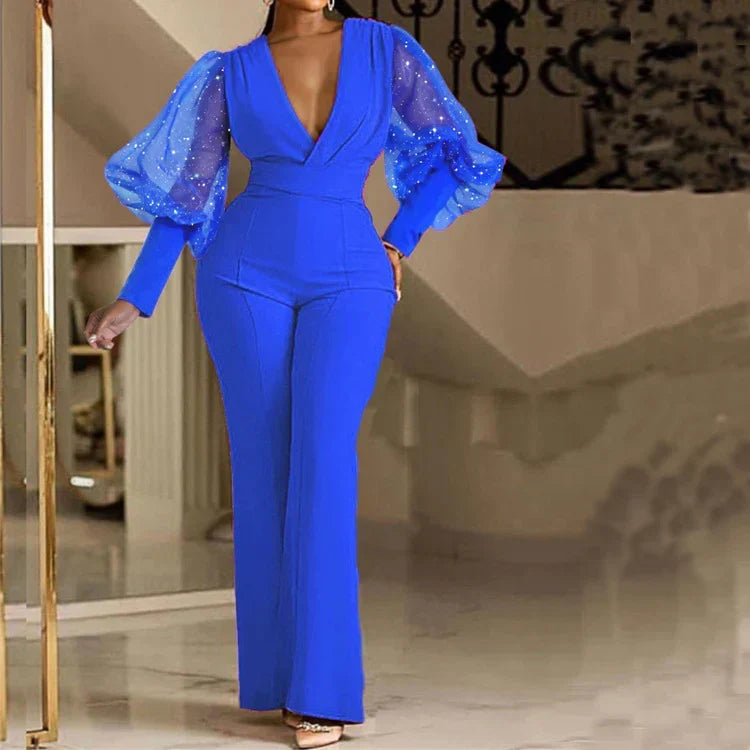 Mikaela | Women's Embellished Wrap-Front Jumpsuit, Wide-Leg Mesh Sleeve Evening Jumpsuit