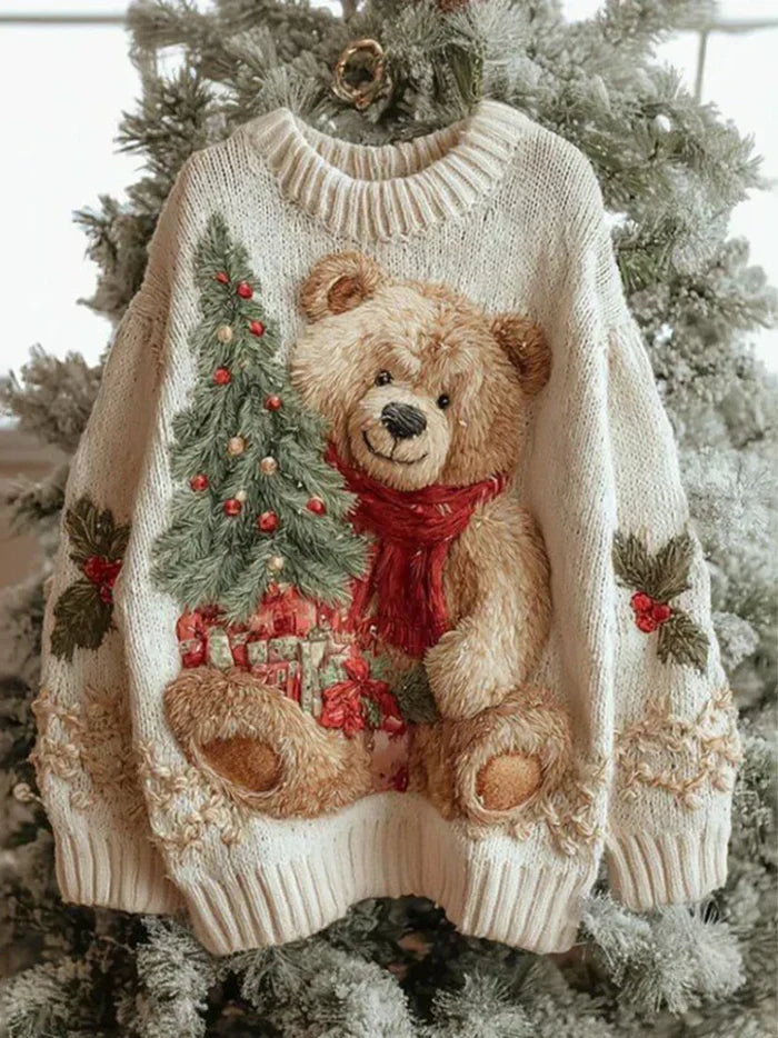 Lyselle | Women's Bear Print Sweater, Cozy Festive Holiday Knit Pullover