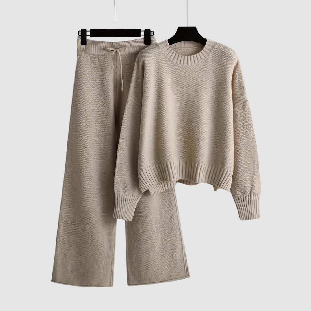 Emily | Women's Knit Two-Piece Loungewear Set, Ribbed Sweater and Wide-Leg Trousers