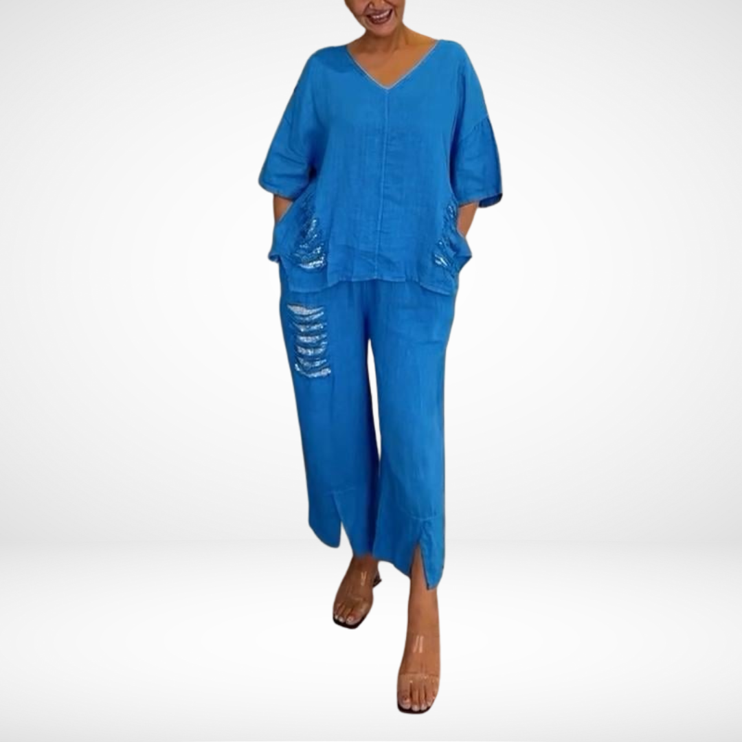 Briella | Women's Two-Piece Summer Set, Sequin Accent V-Neck Top and Wide-Leg Pants