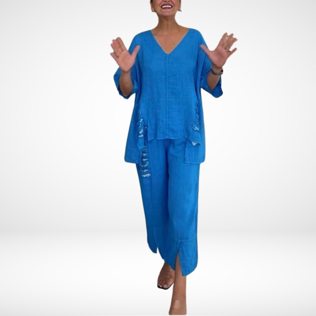 Briella | Women's Two-Piece Summer Set, Sequin Accent V-Neck Top and Wide-Leg Pants