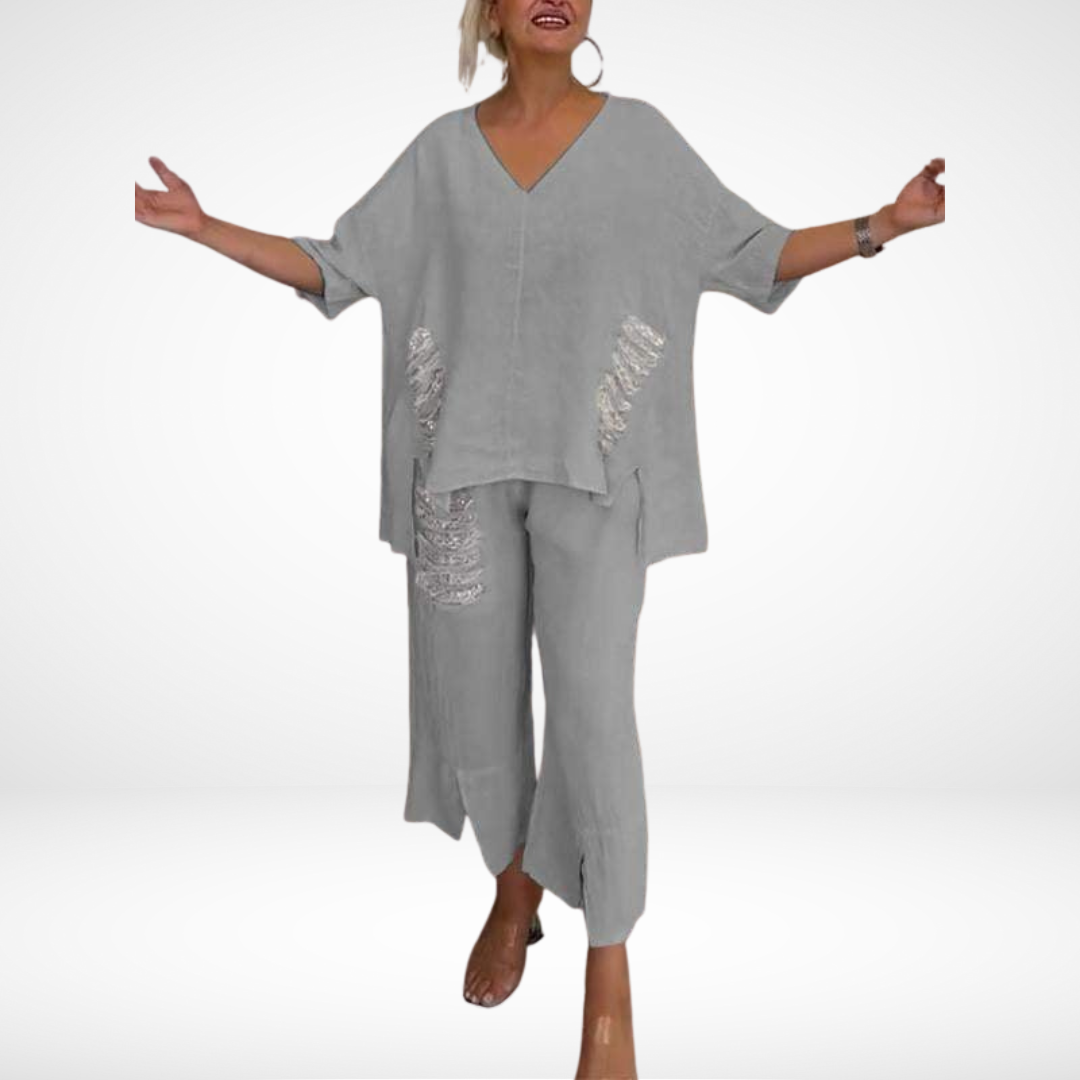 Briella | Women's Two-Piece Summer Set, Sequin Accent V-Neck Top and Wide-Leg Pants