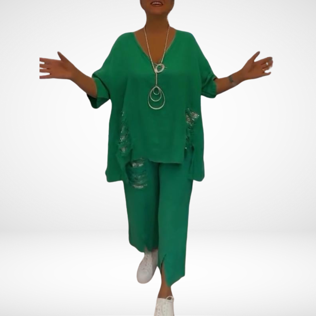 Briella | Women's Two-Piece Summer Set, Sequin Accent V-Neck Top and Wide-Leg Pants
