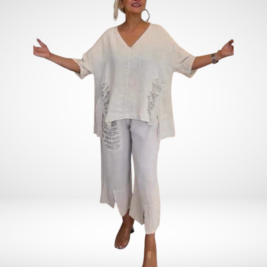 Briella | Women's Two-Piece Summer Set, Sequin Accent V-Neck Top and Wide-Leg Pants
