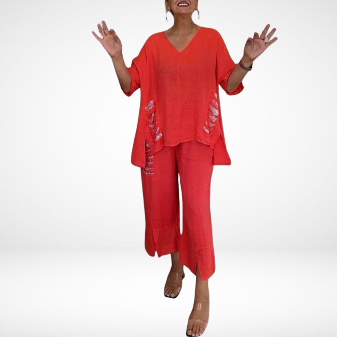 Briella | Women's Two-Piece Summer Set, Sequin Accent V-Neck Top and Wide-Leg Pants