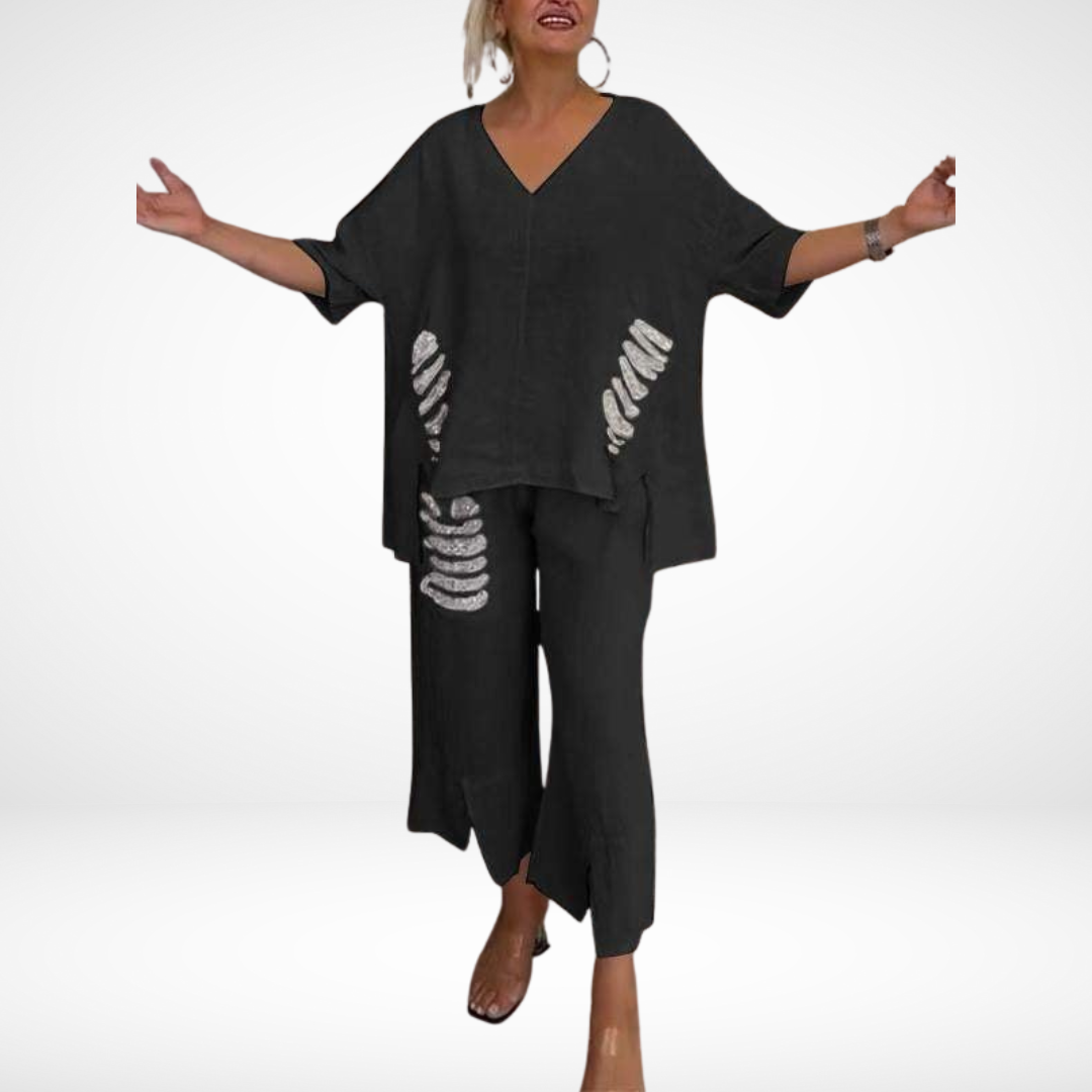Briella | Women's Two-Piece Summer Set, Sequin Accent V-Neck Top and Wide-Leg Pants