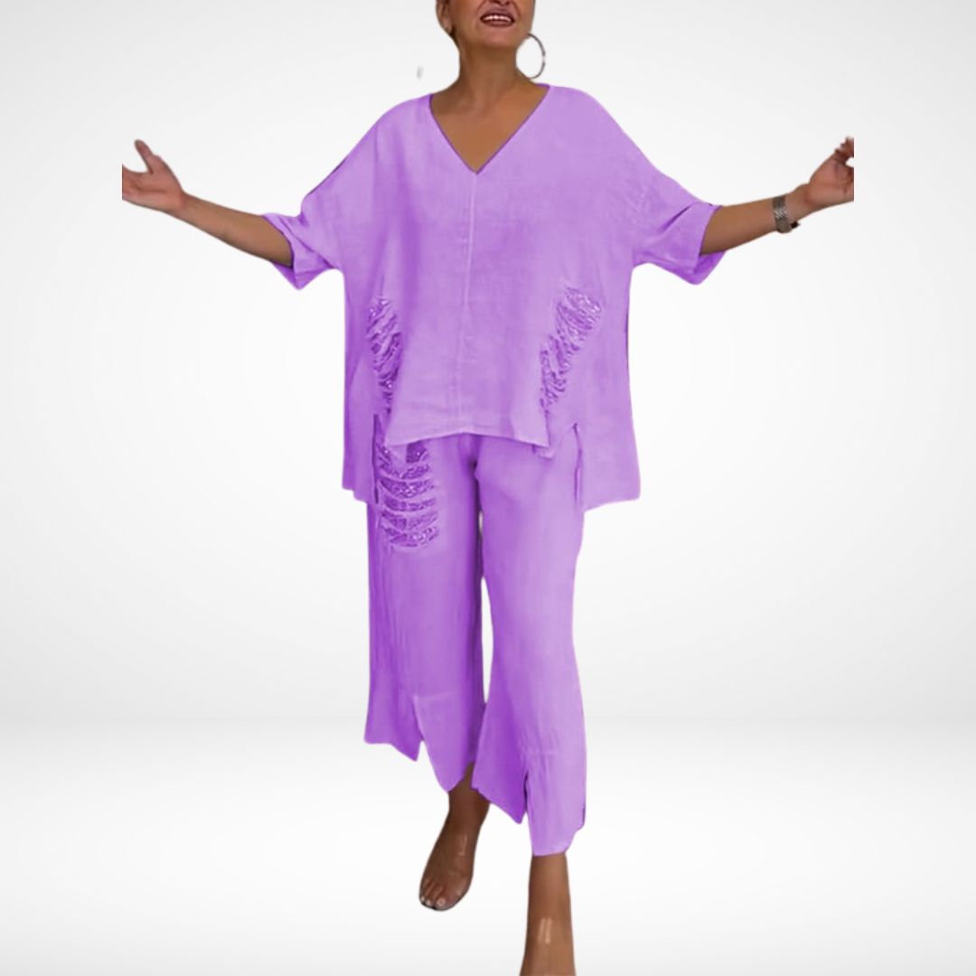 Briella | Women's Two-Piece Summer Set, Sequin Accent V-Neck Top and Wide-Leg Pants