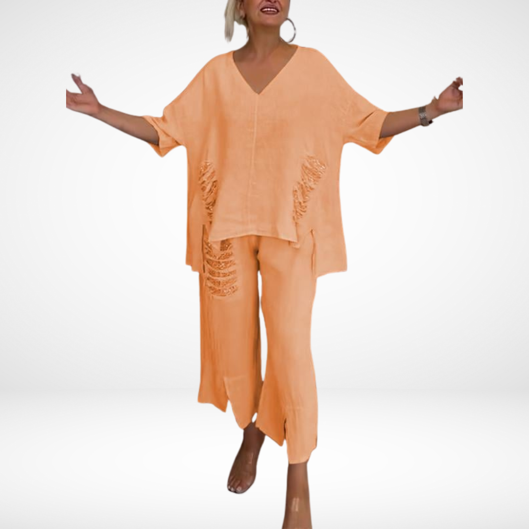 Briella | Women's Two-Piece Summer Set, Sequin Accent V-Neck Top and Wide-Leg Pants
