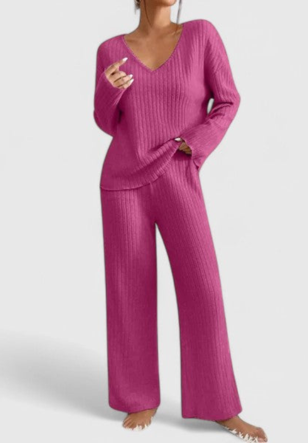 Angeline | Women's Two-Piece Set, V-Neck Sweater and Wide-Leg Ribbed Pants Loungewear