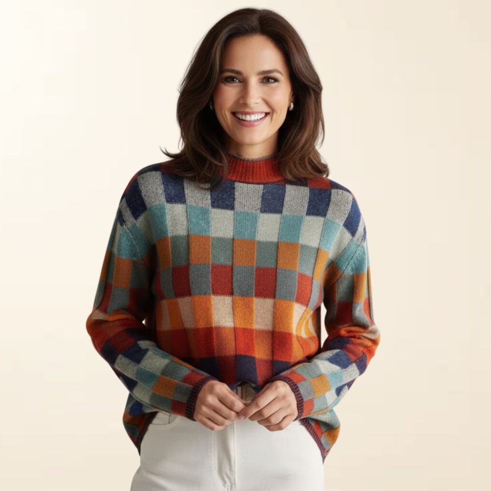 Isabelle | Women's Checked Wool Blend Sweater, Warm Relaxed Fit Knit Pullover