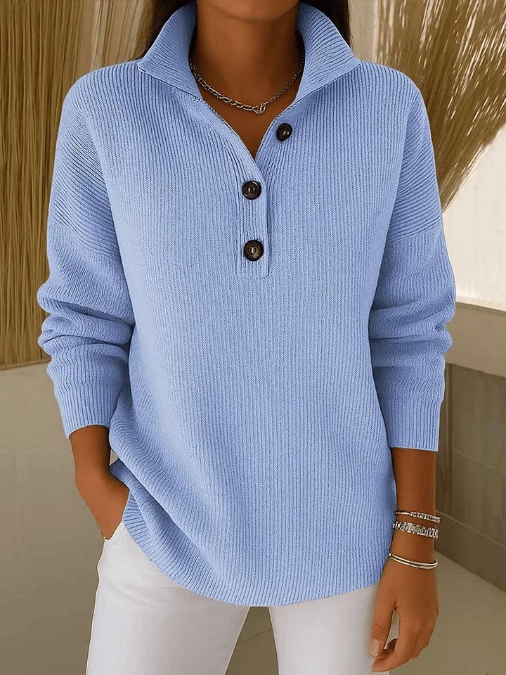 Phoebe | Women's Structured Collar Ribbed Sweater, Button Neck Warm Knit Pullover