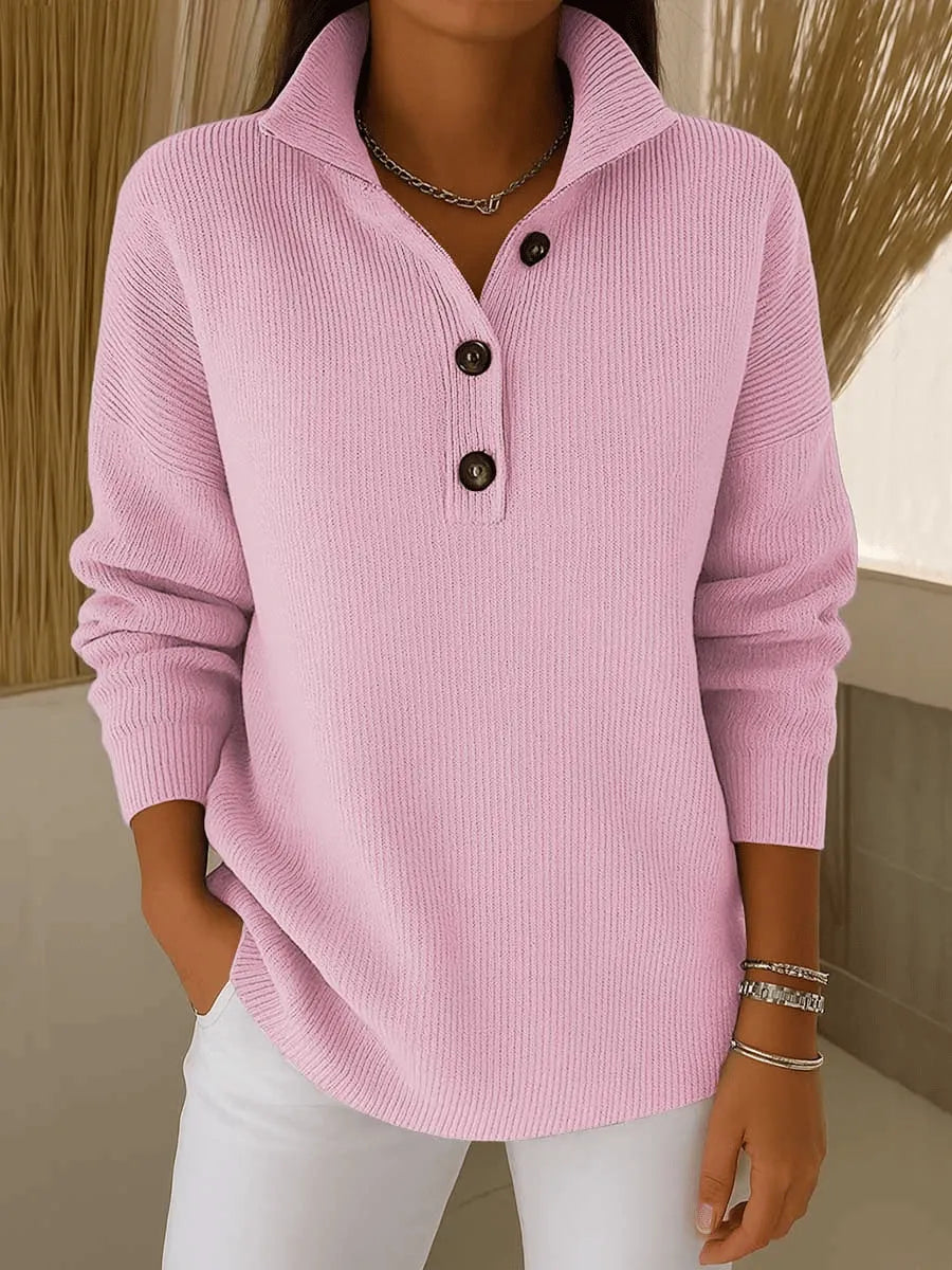 Phoebe | Women's Structured Collar Ribbed Sweater, Button Neck Warm Knit Pullover