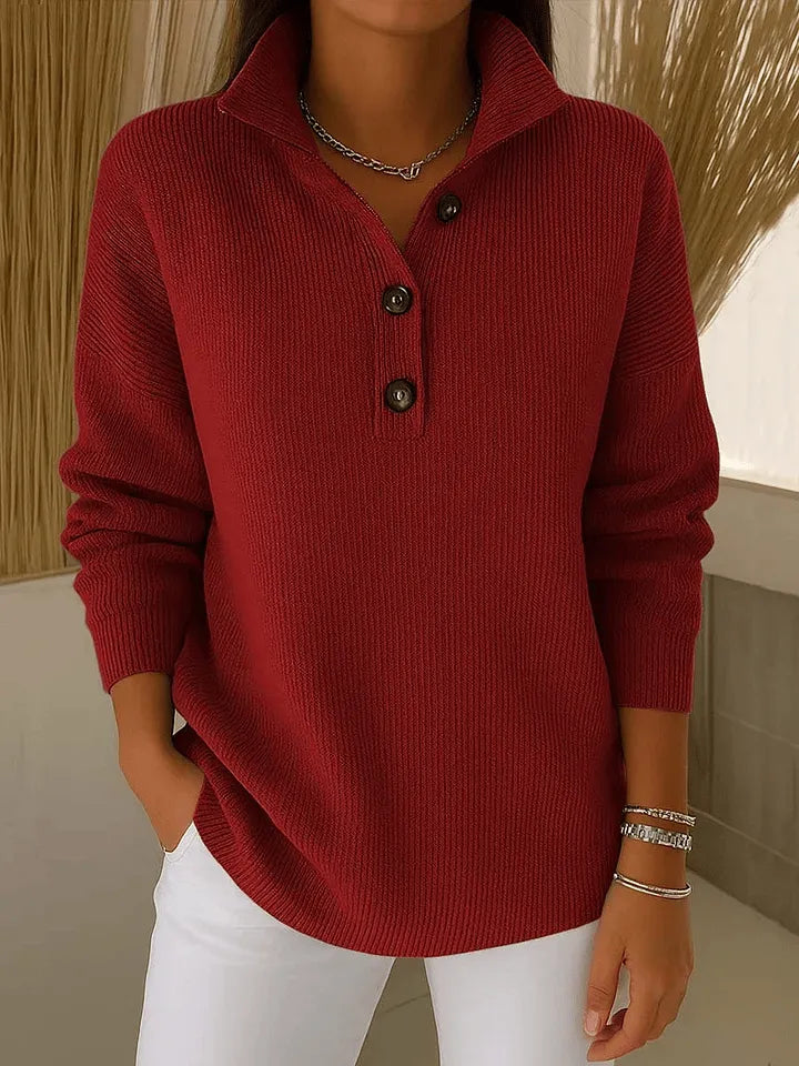 Phoebe | Women's Structured Collar Ribbed Sweater, Button Neck Warm Knit Pullover