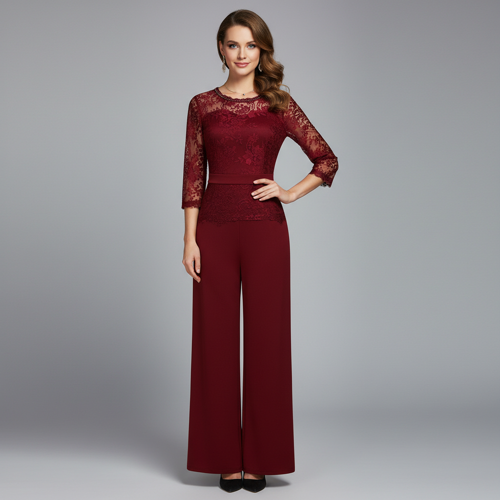 Diana | Women's Flocked Lace Jumpsuit, Mock Neck Evening Occasion Outfit