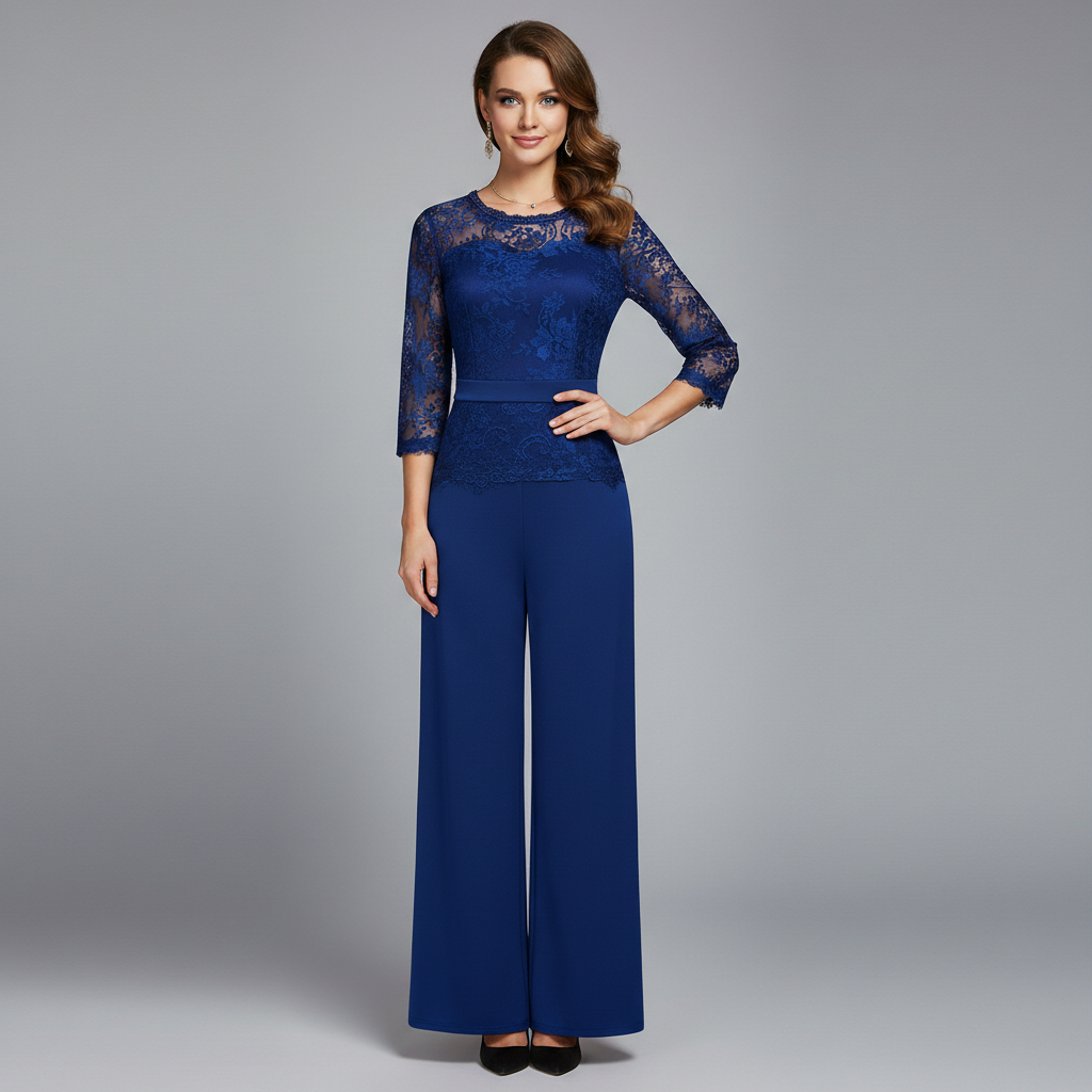 Diana | Women's Flocked Lace Jumpsuit, Mock Neck Evening Occasion Outfit