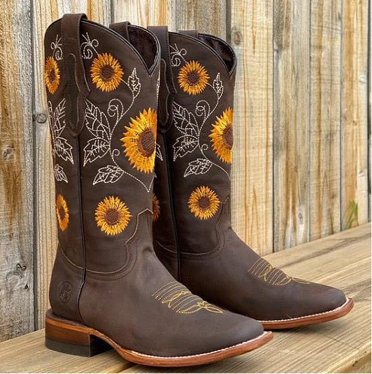 Women's Embroidered Vegan Leather Cowboy Boots, Sunflower Western Boots