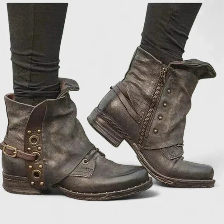 Savannah | Women's Distressed Vegan Leather Ankle Boots, Rivet Strap Western Boots