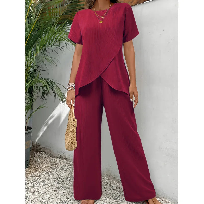 Lorrina | Women's Soft Two-Piece Set, Asymmetrical Blouse and Relaxed Trousers Outfit