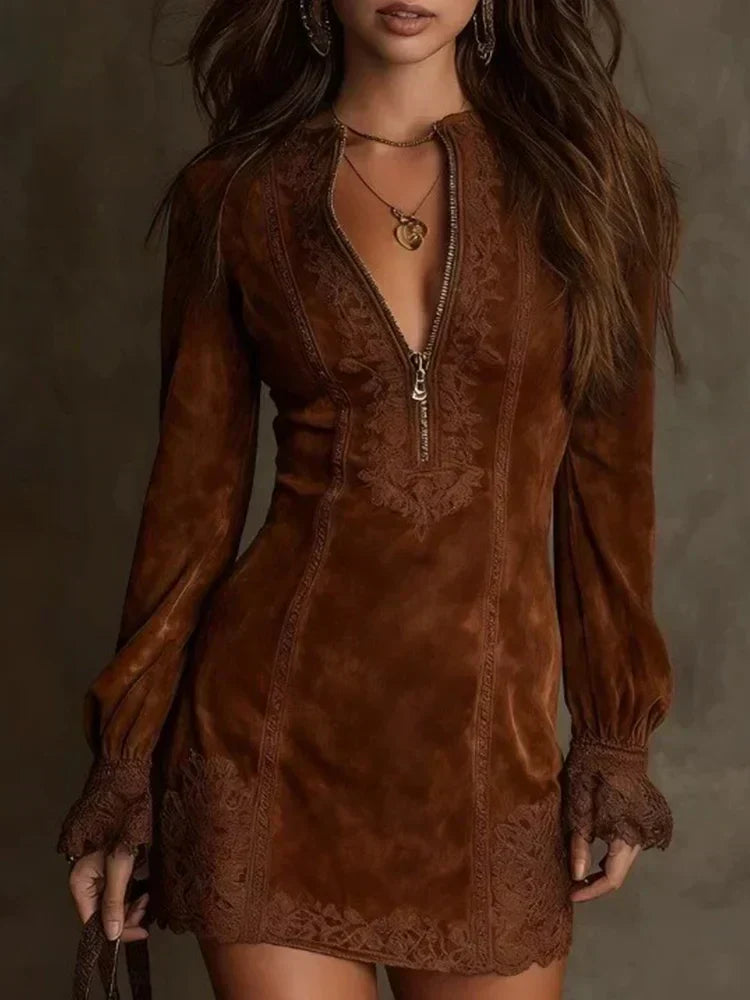 Women's Lace-Trimmed Mini Dress, Long Sleeve Zip Neck Party and Occasion Dress