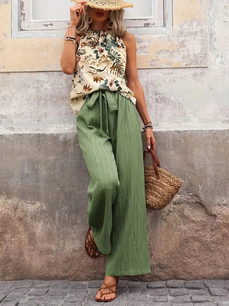 Antonette | Women's Sleeveless Two-Piece Set, Flowy Wide Pants Summer Outfit