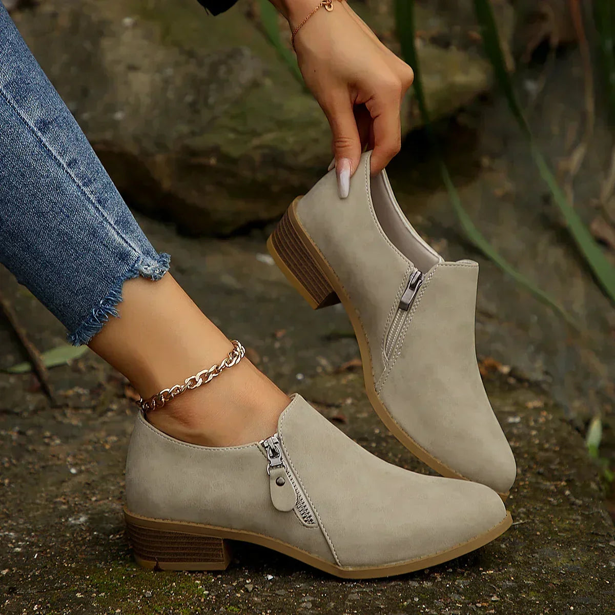 Maia | Women's Zip-Up Vegan Leather Ankle Boots, Low Heel Boots for Everyday Wear