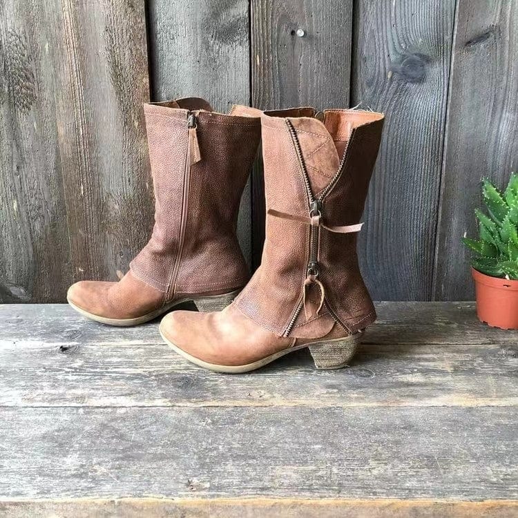 Sierra | Women's Mid-Calf Distressed Vegan Leather Western Boots, Side-Zip Cowboy Boots