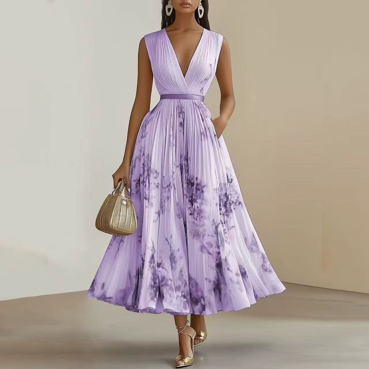 Rowella | Women's Pleated Floral Maxi Dress, Long Sleeve V-Neck Dress with Tie Waist