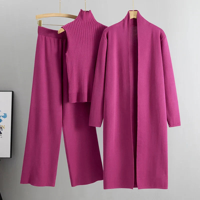 Jillie | Women's Three-Piece Set, Ribbed Top Cardigan and Wide-Leg Pants Outfit