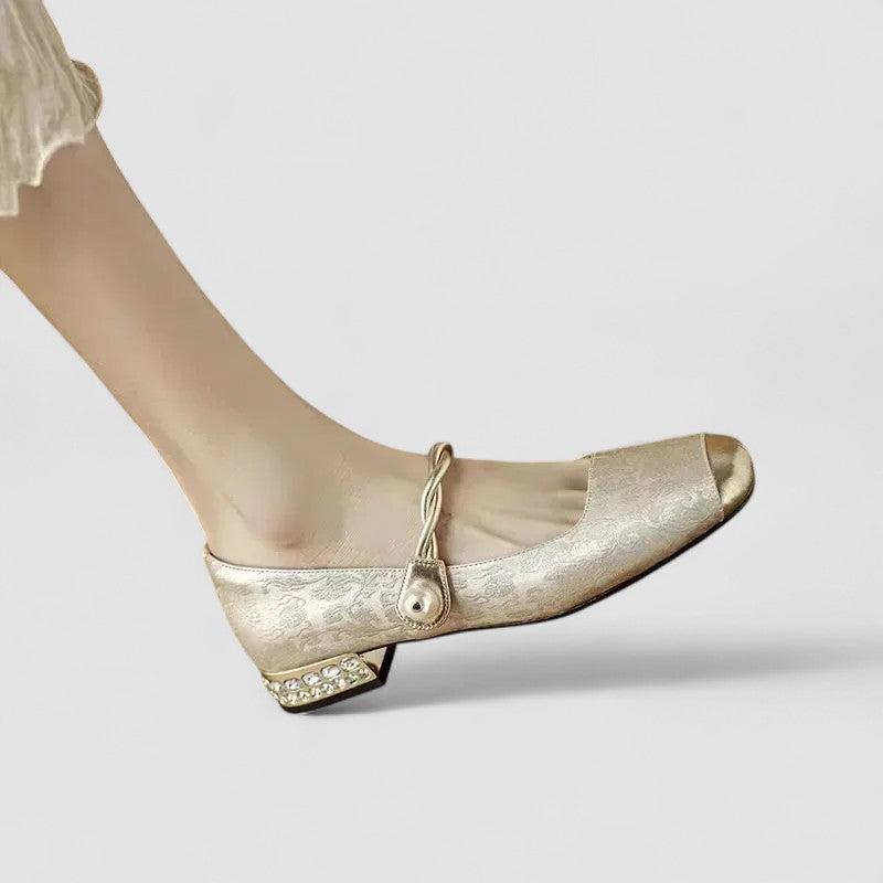Mestelle | Women's Vegan Leather Mary Jane Shoes, Metallic Toe Block Heel Shoes