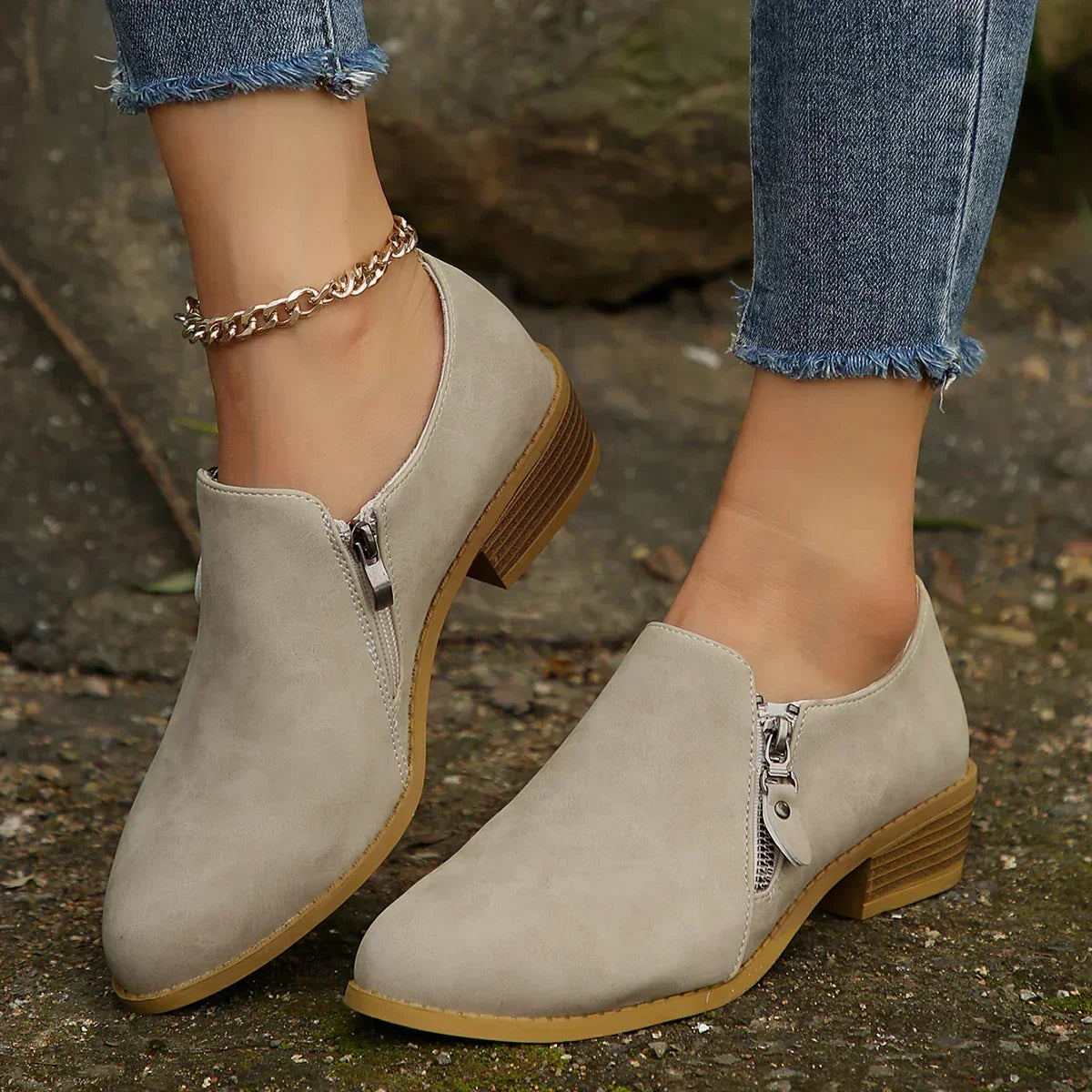 Maia | Women's Zip-Up Vegan Leather Ankle Boots, Low Heel Boots for Everyday Wear