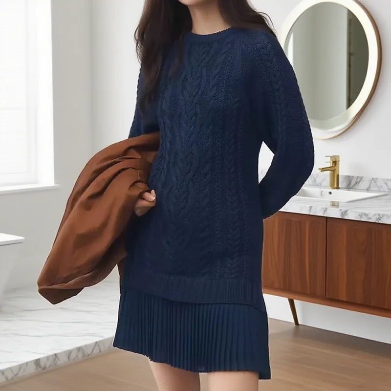 Eira | Women's Cable Knit Sweater Dress, Long Sleeve Crew Neck Winter Dress